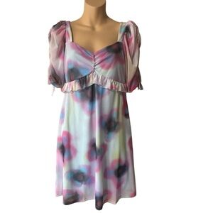 Topshop Floral Spray Paint Pink and Blue Mini Tea Dress with Ruffled Sleeves